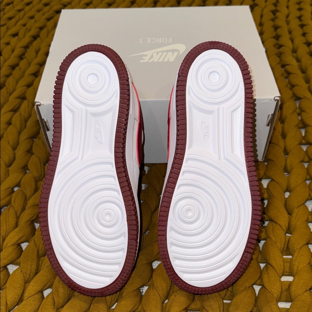 Nike Kids White/ Burgundy Air Force Ones - Picture 8 of 9
